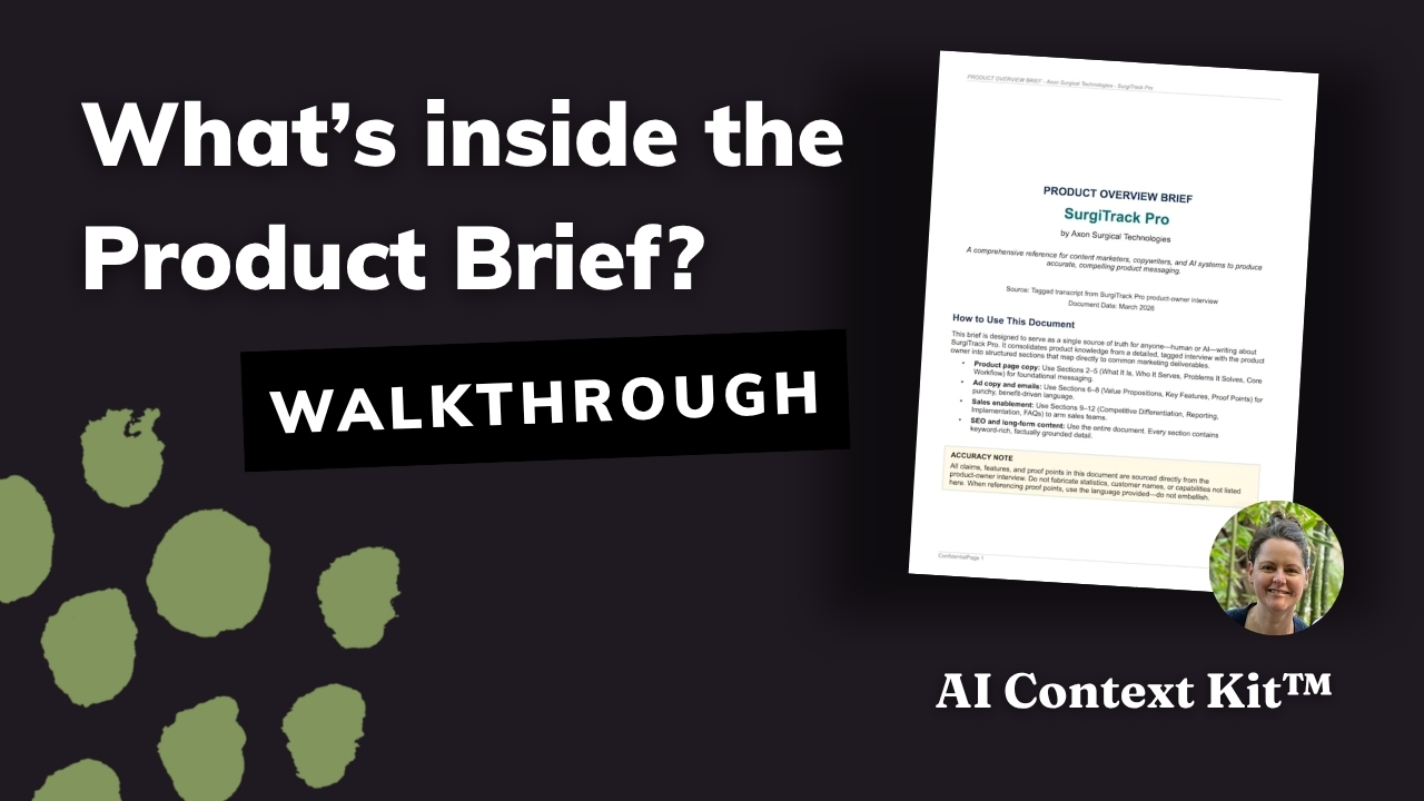 Graphic with bold white text reading 'What's inside the Product Brief? Walkthrough,' next to a preview of a product overview brief document, with Heather Rold's headshot and AI Context Kit™ wordmark